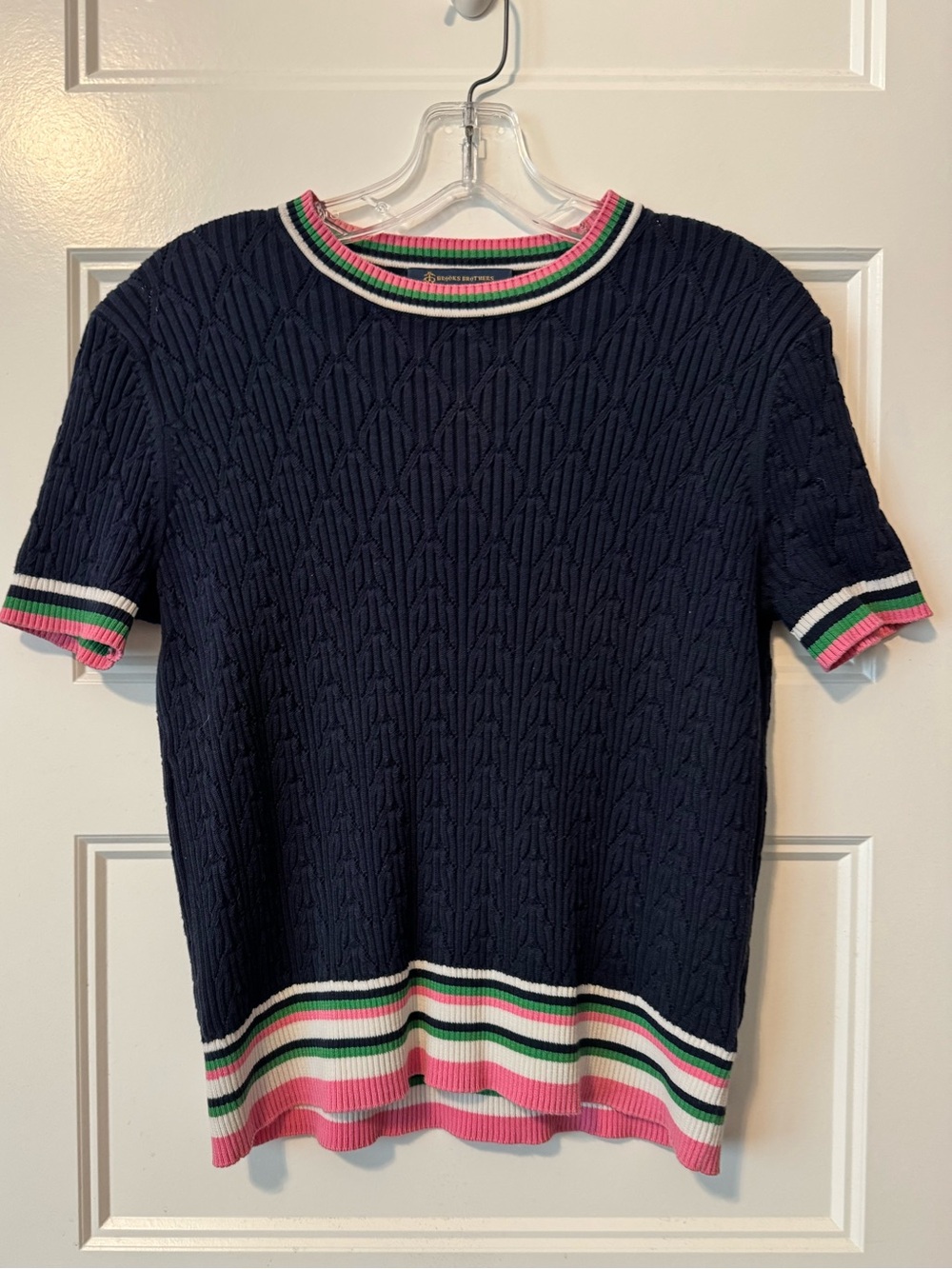 Brooks Brothers Navy Textured Knit Sweater Pink Green Stripe Trim M